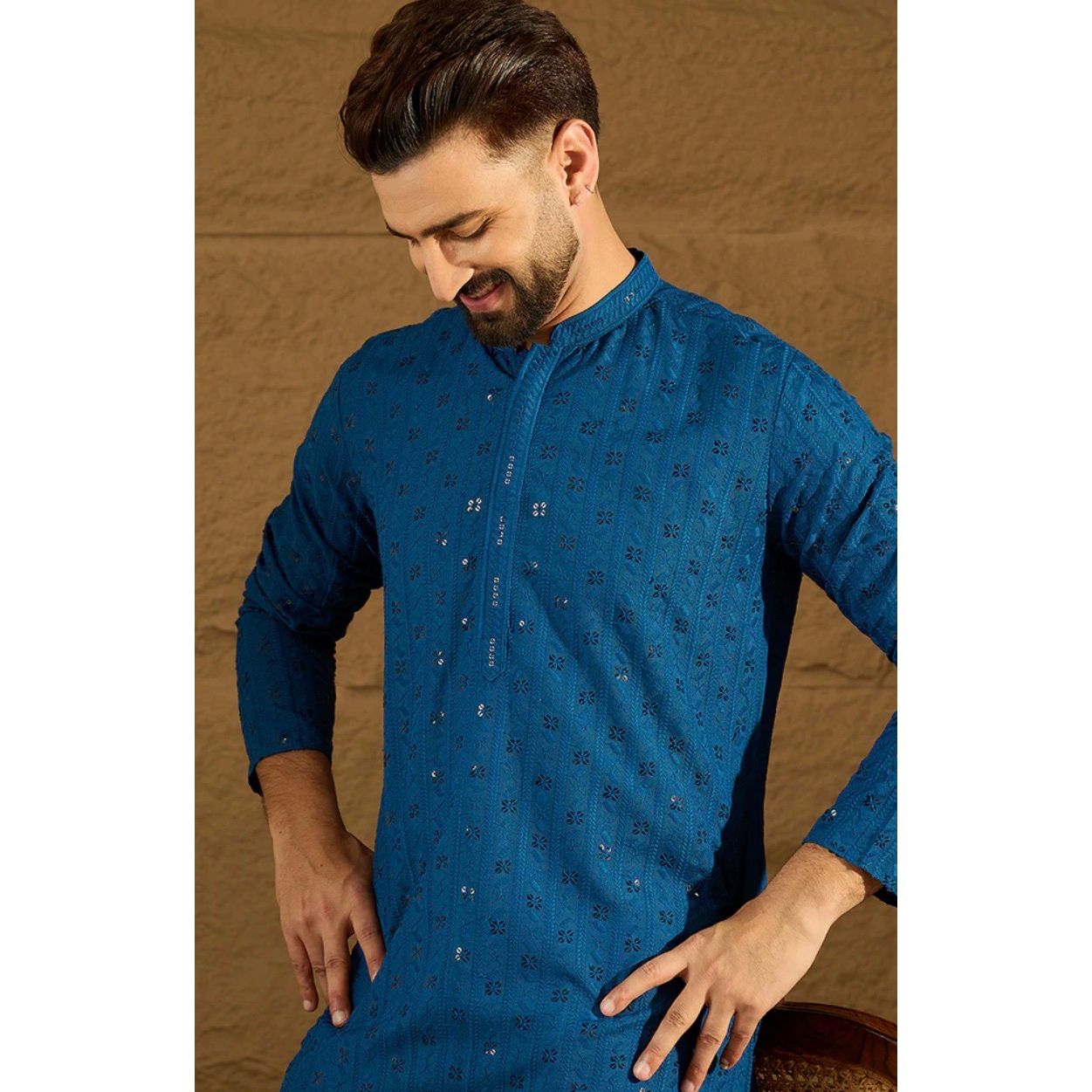 Blue Viscose Rayon Solid Embroidered Straight Kurta