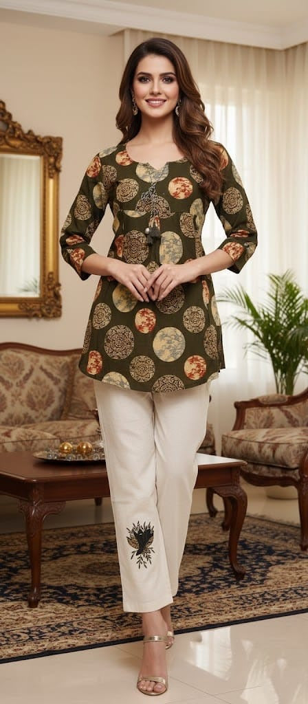 Olive Printed Mal Cotton Kurta with Khadi Cotton Pants (Co-Ord Set)