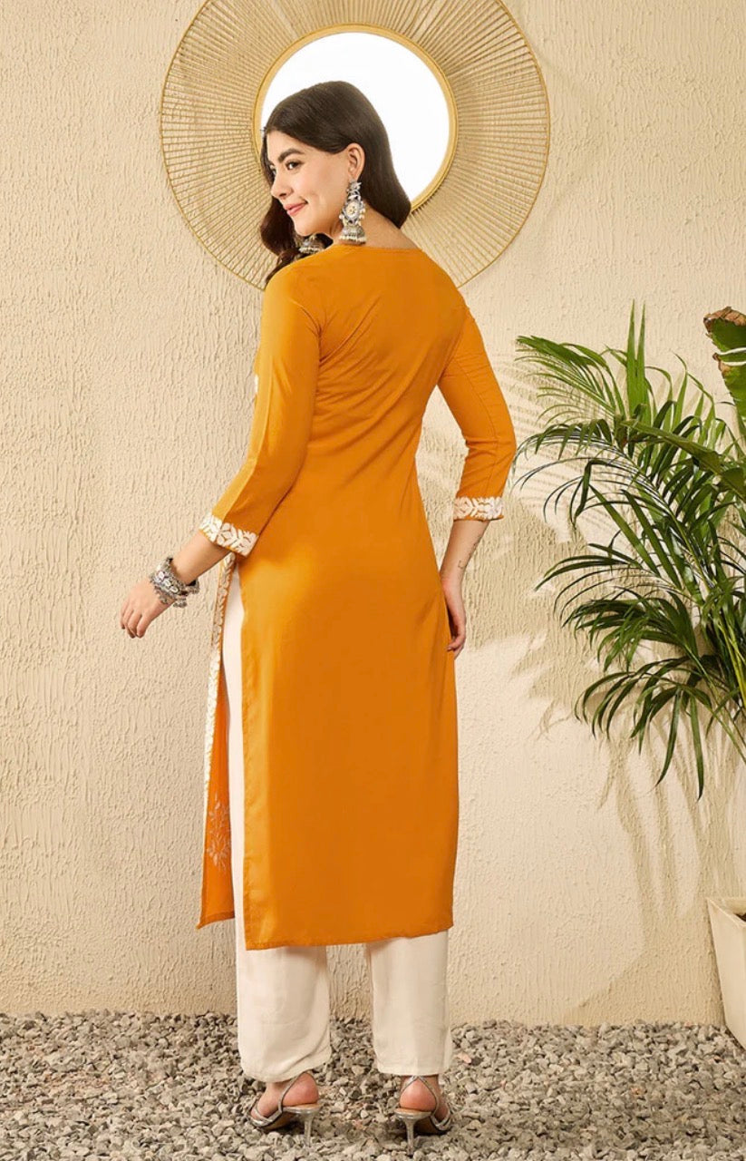 Mustard Yellow Embroidered Chikankari Straight Kurta