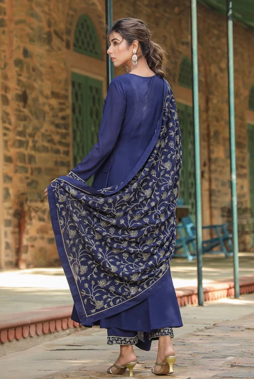 Navy Blue Georgette Angrakha Pant With Dupatta