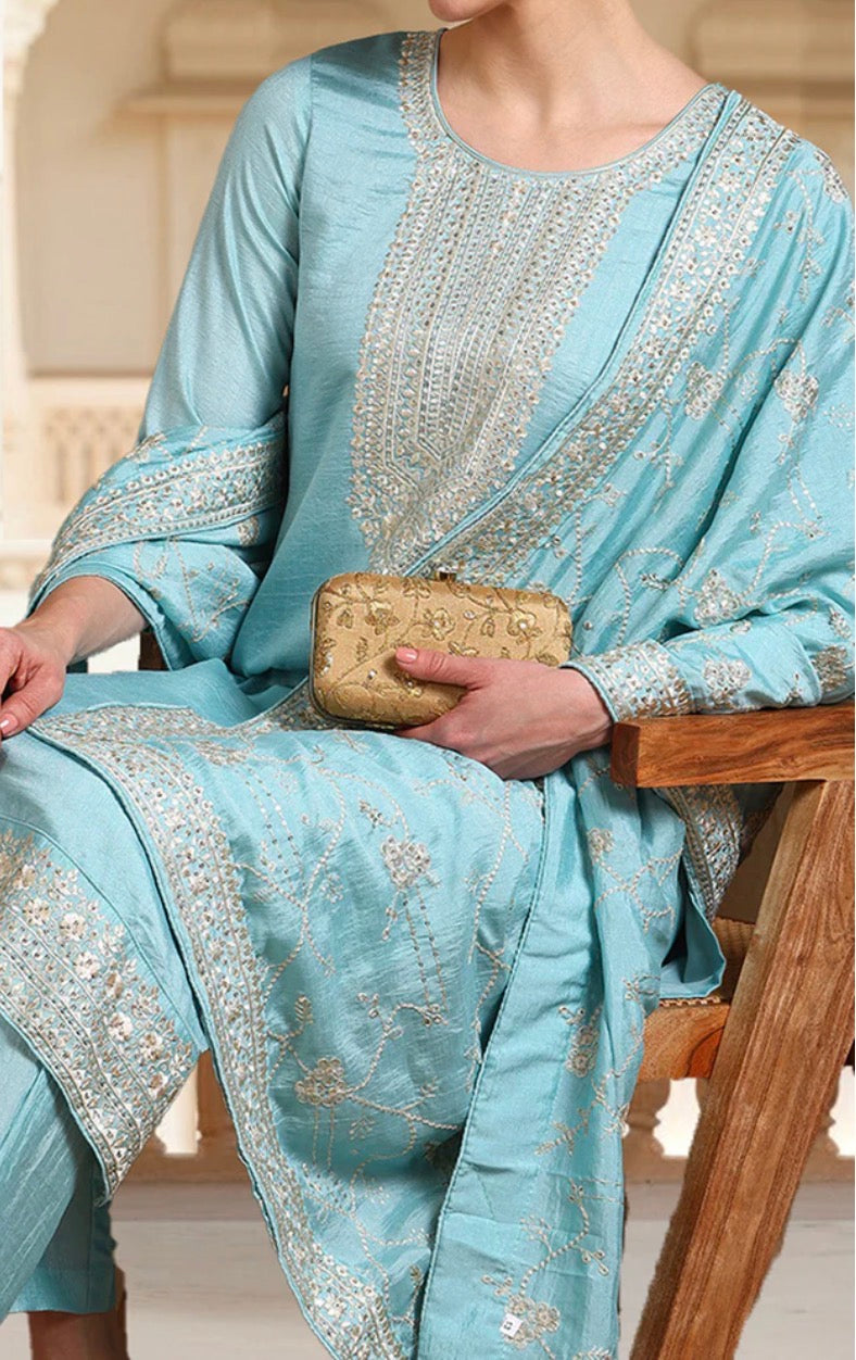 Blue Silk Blend Kurta Set With Dupatta