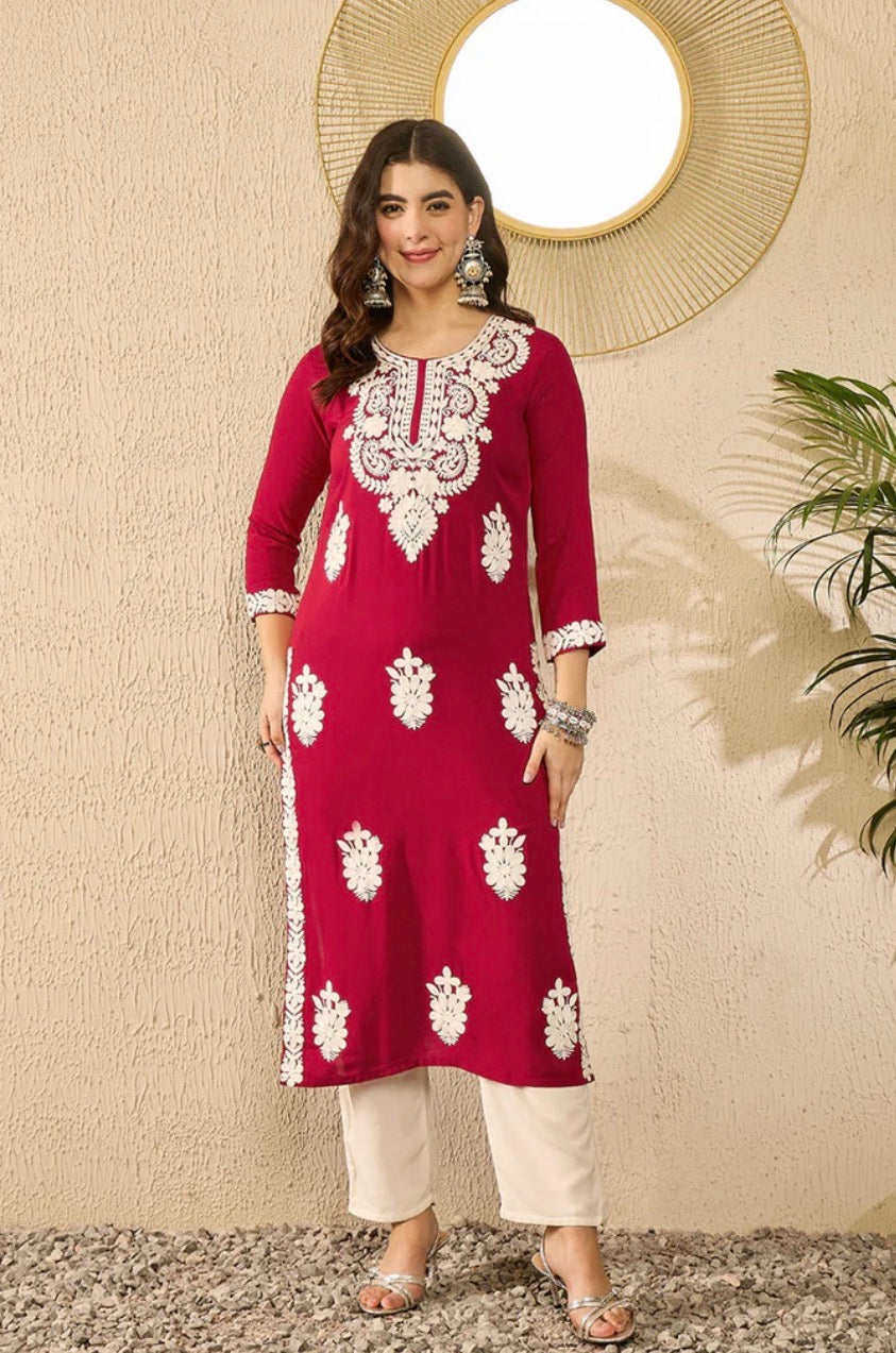 Red Viscose Rayon Solid Embroidered Chikankari Straight Kurta