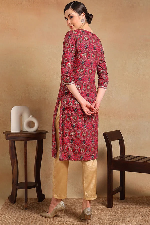 Pink Viscose Rayon Ethnic Motifs Printed Straight Kurta