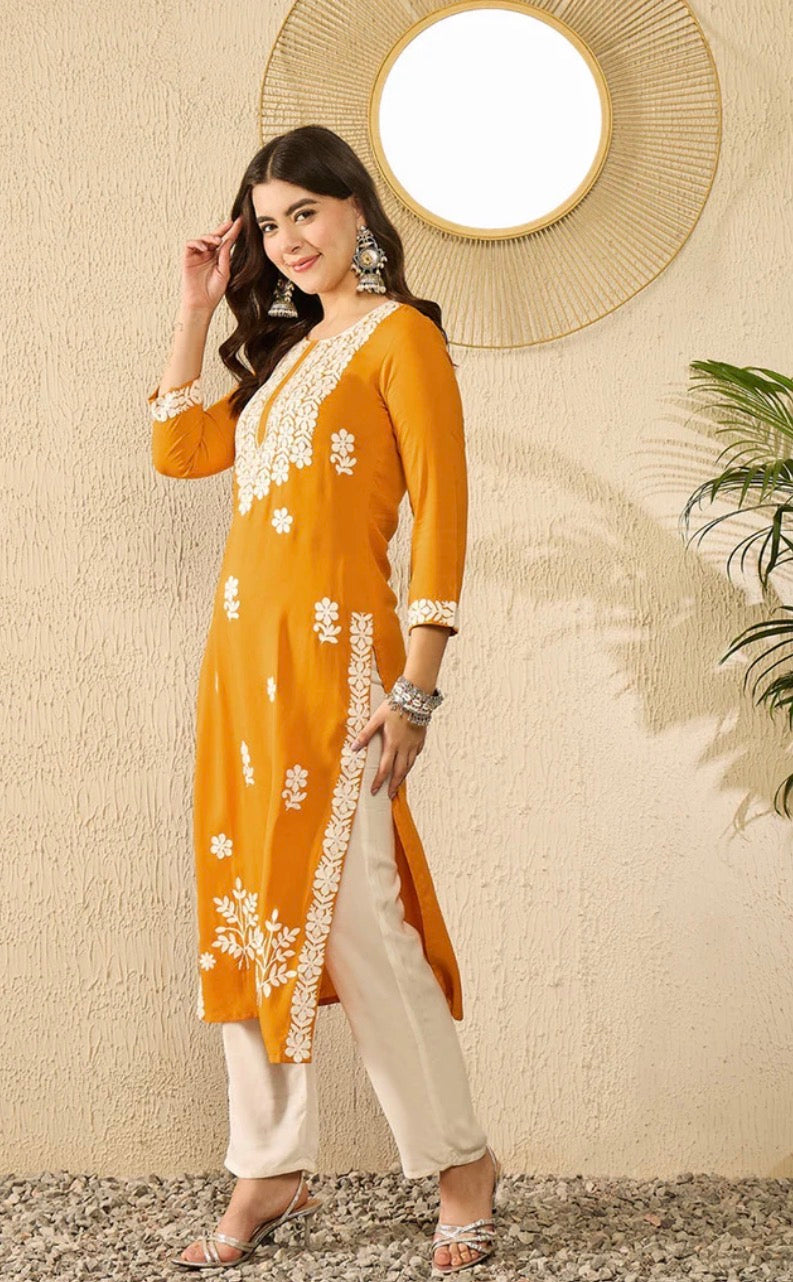 Mustard Yellow Embroidered Chikankari Straight Kurta