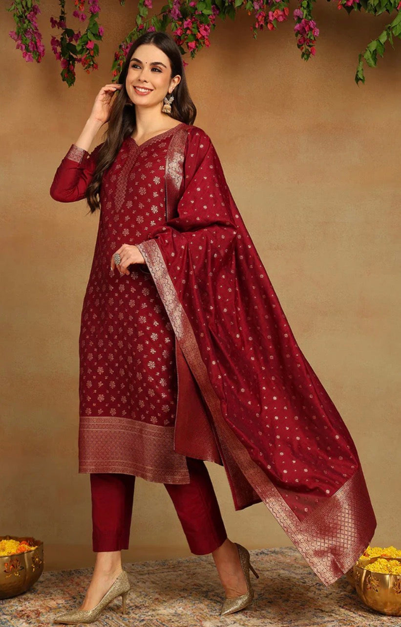 Maroon Chanderi Woven Design Straight Kurta Set