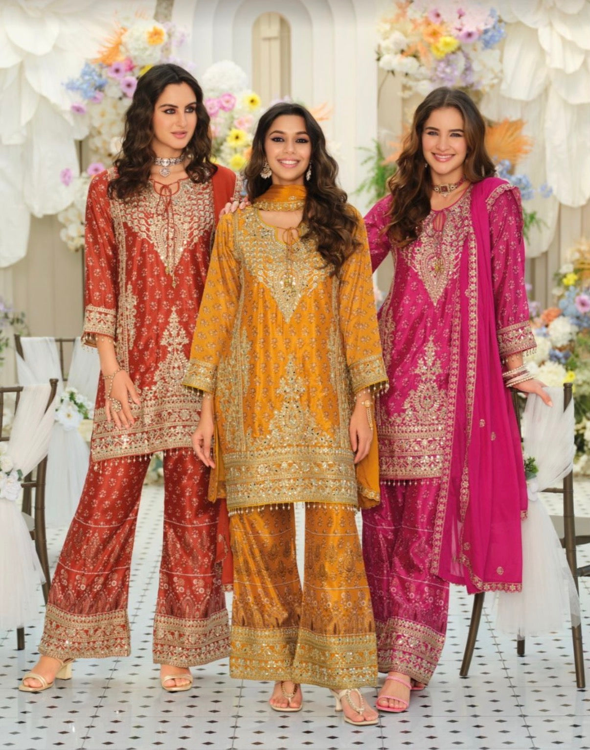 Pre-Order: Embroidered Chinon Kurta Set with Palazzo & Dupatta (Multiple Colors | XXL–3XL)