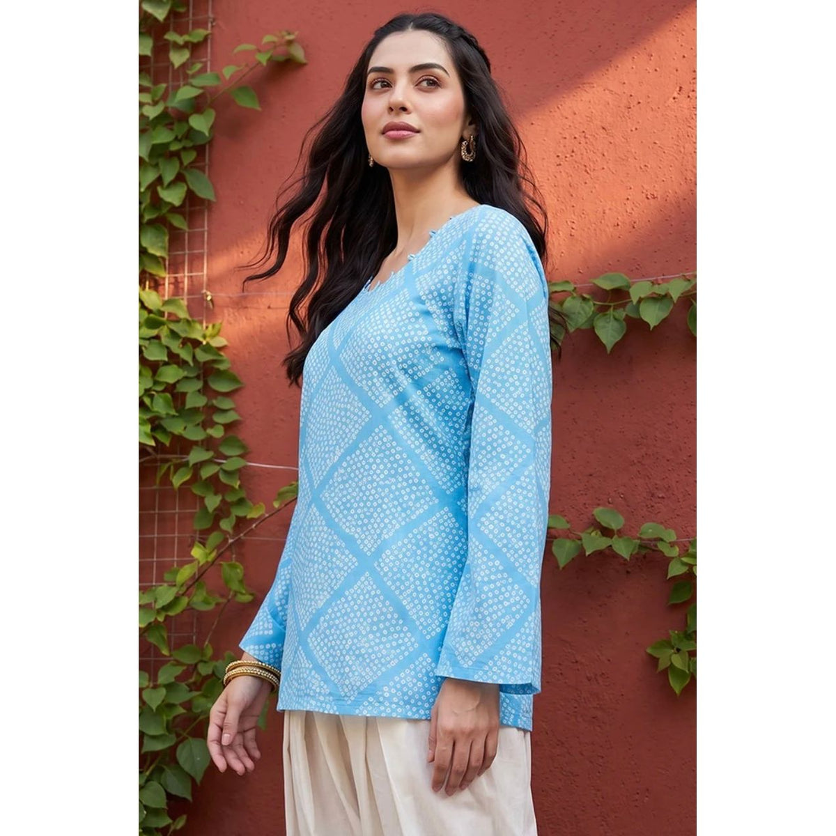Blue Cotton Round Neck Long Sleeves Casual Top