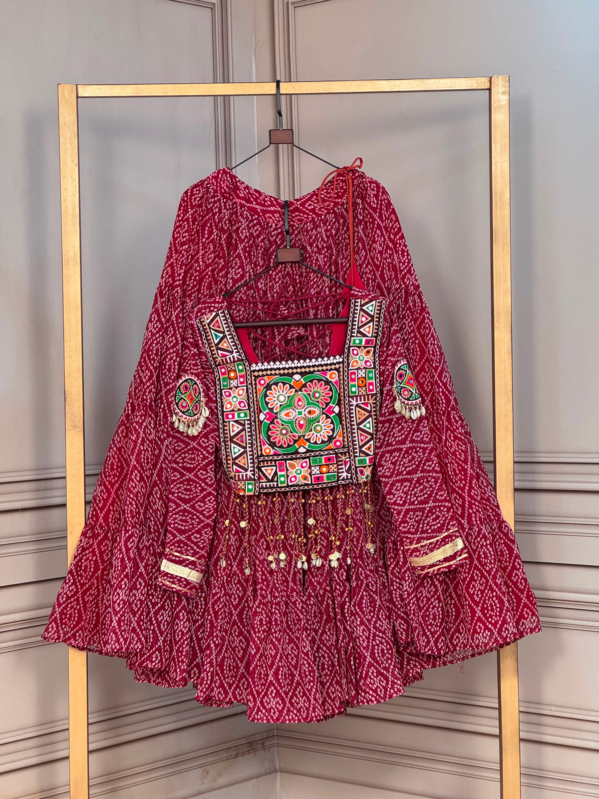 Garba Glow – Bandhani Print Lehenga Choli with Kutchi Patchwork