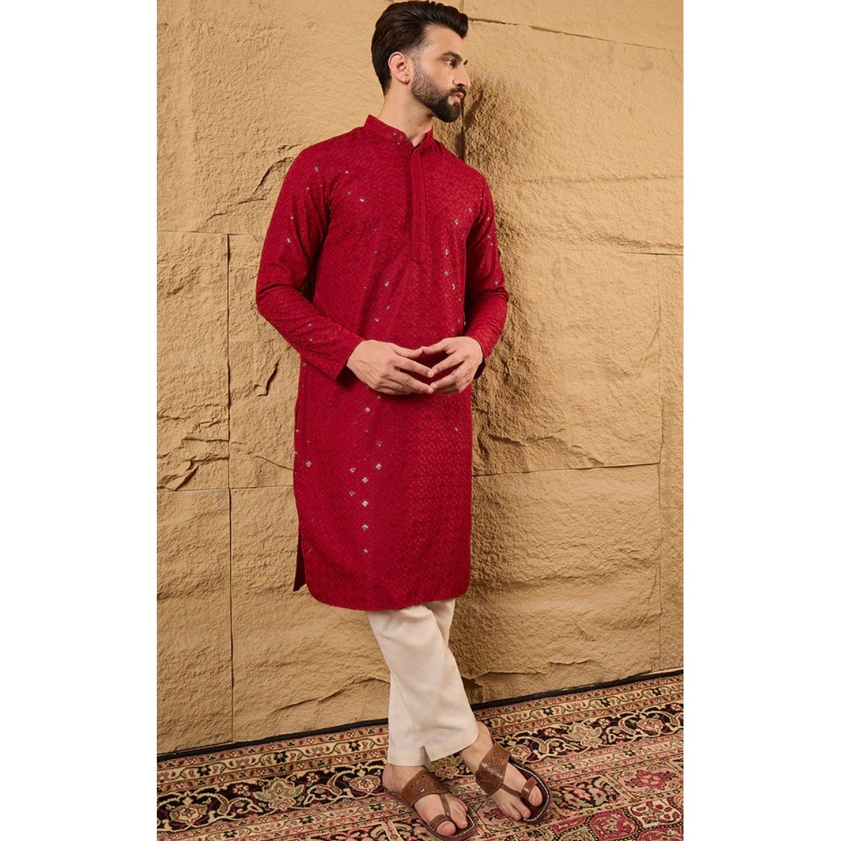 Red Chikankari Straight Kurta