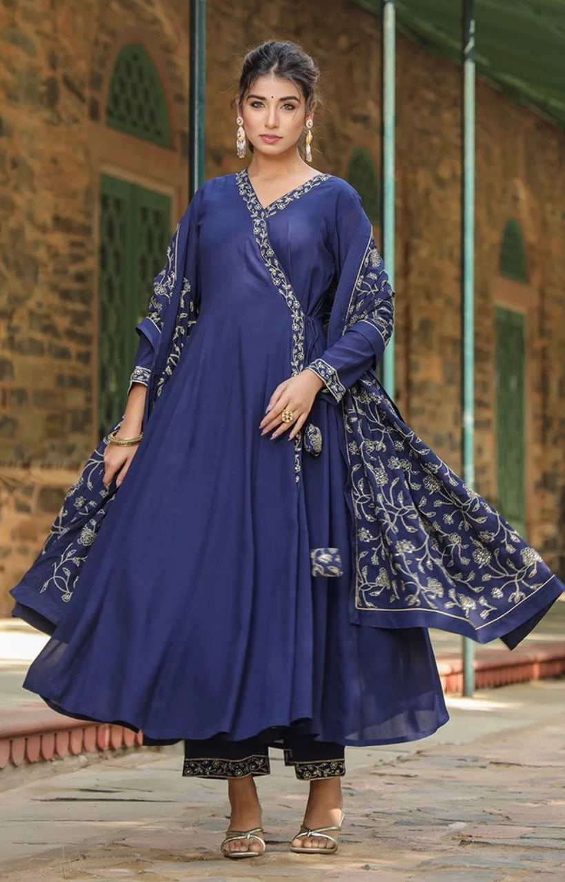 Navy Blue Georgette Angrakha Pant With Dupatta