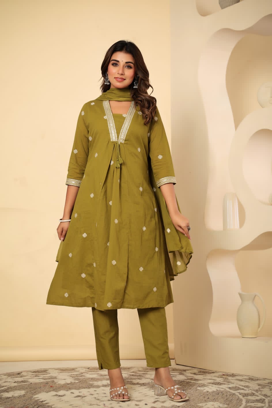 Embroidered Neck A-Line Kurta Set with Dupatta