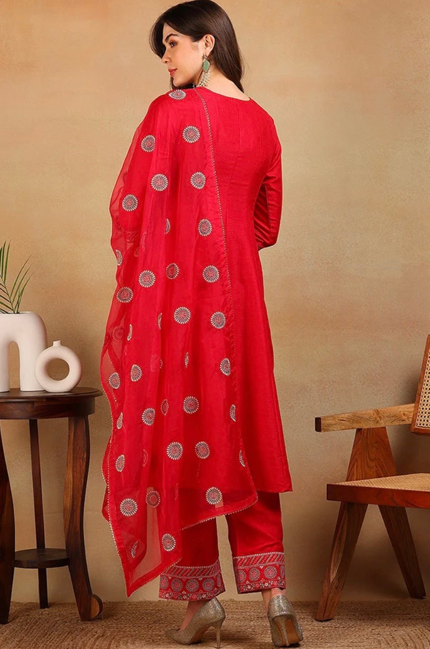 Red Silk Blend Flared Empire Kurta Set