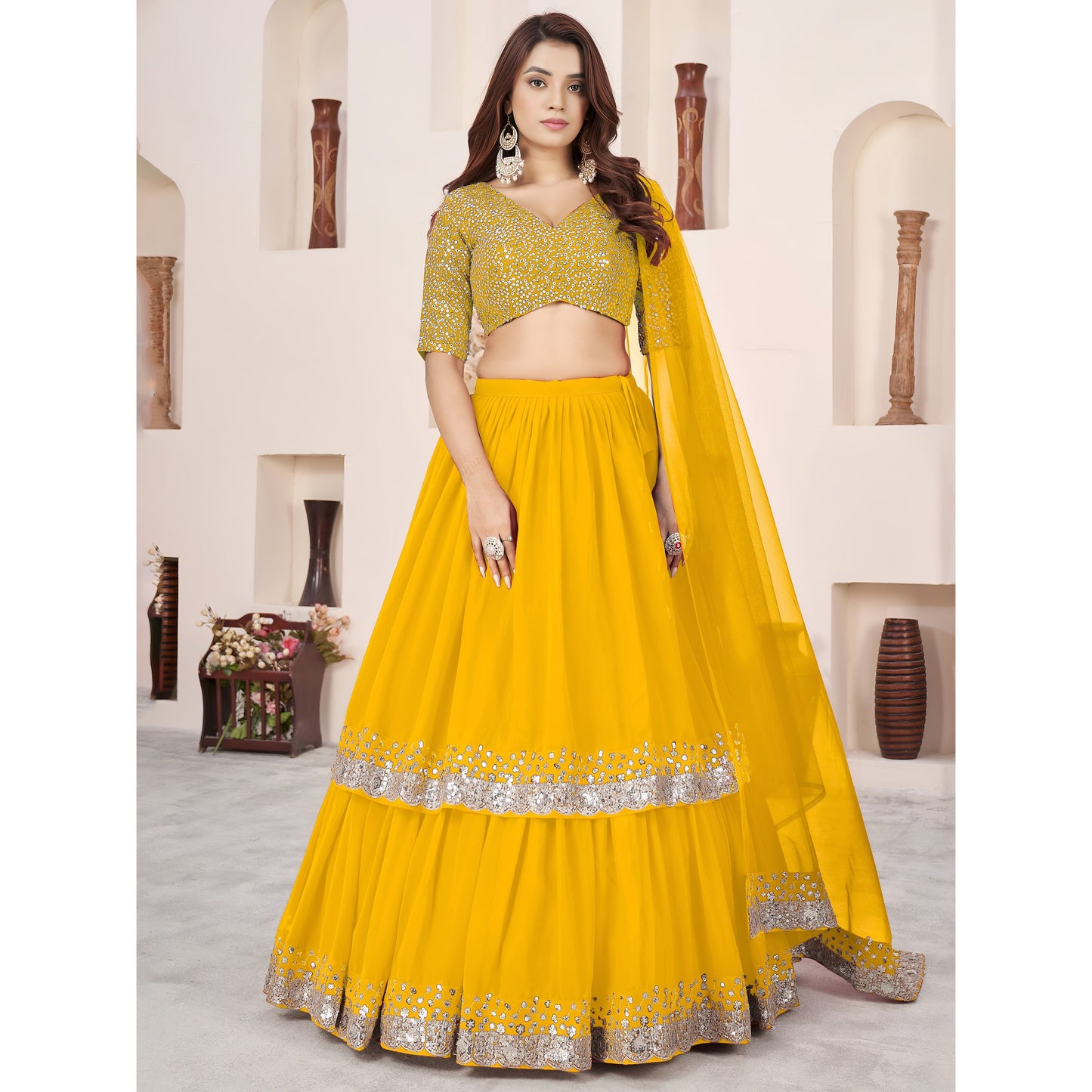 Sequins & Zari Embroidered Georgette Lehenga Set Yellow (Pre Order)
