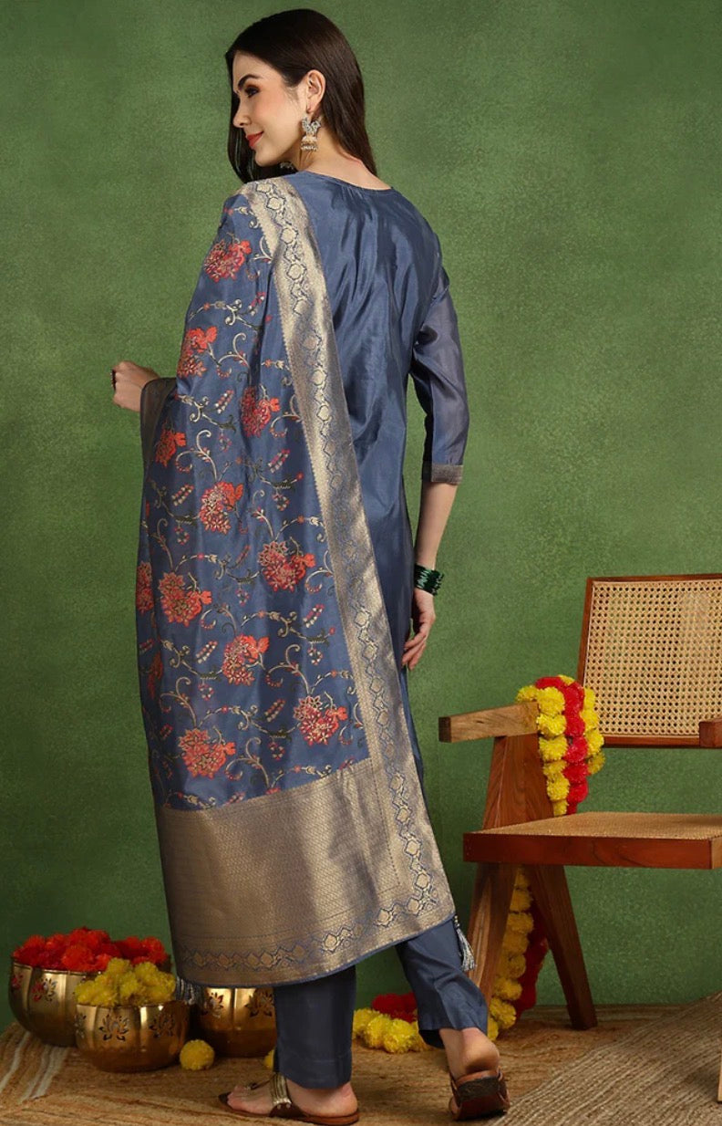 Grey Chanderi Solid Woven Design Straight Suit Set