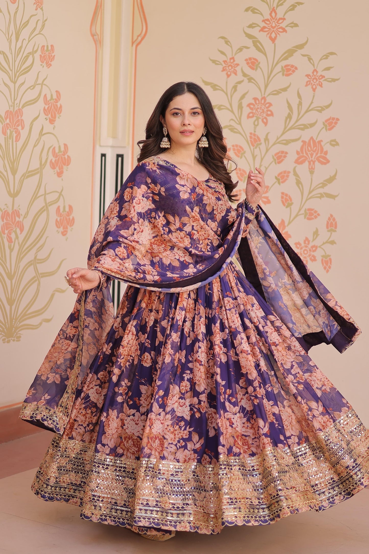 Premium Russian Silk Gown with Embroidered Sequins & Dupatta – Designer Festive Collection