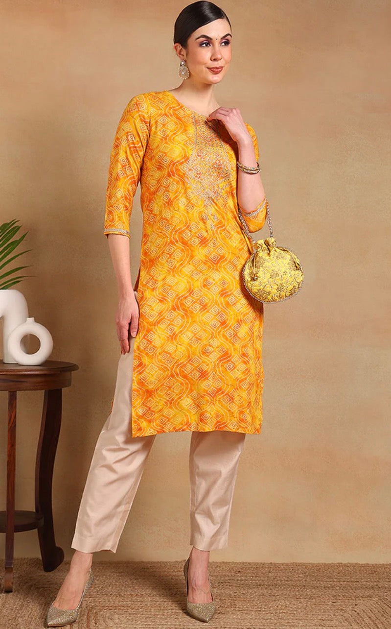 Yellow Viscose Rayon Bandhani Printed Straight Kurta