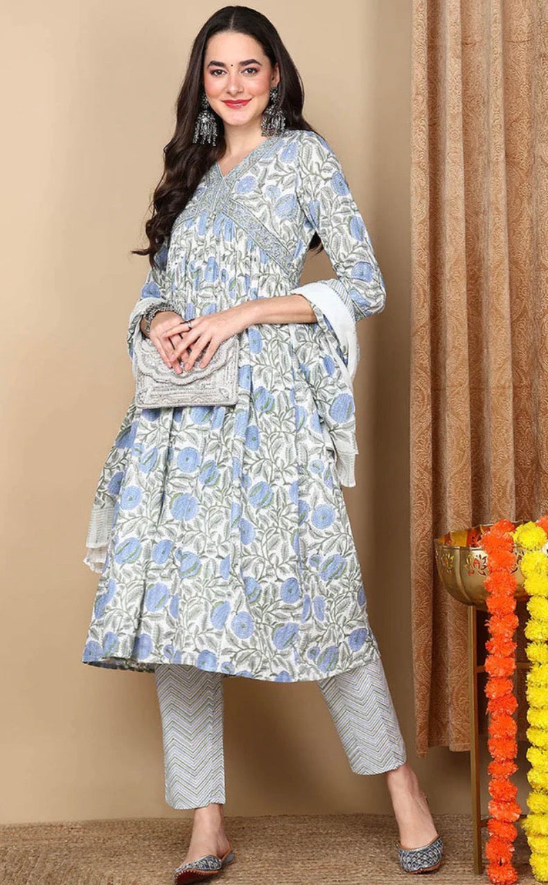 White & Blue Floral Printed Rayon Blend Kurta Set with Dupatta