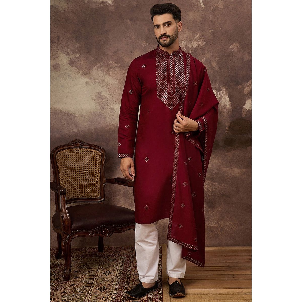 Maroon Silk Blend Embroidered Straight Kurta Trouser with Dupatta
