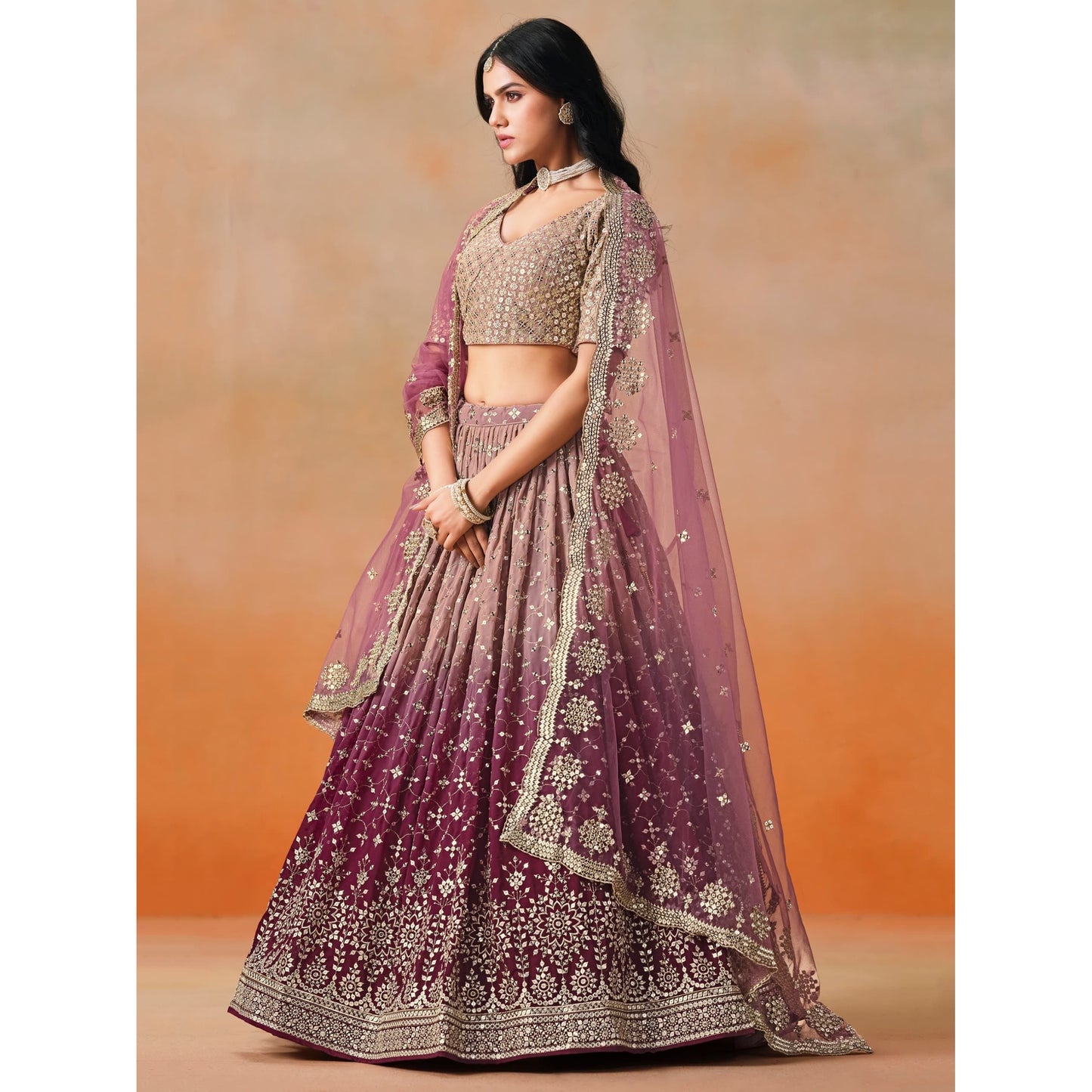Georgette Lehenga Choli Set with Sequins & Zari Embroidery (Maroon) Pre Order