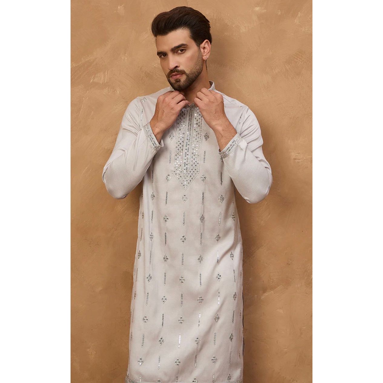 Grey Silk Blend Solid Embroidered Straight Kurta