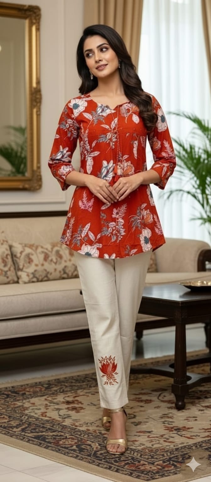 Red Printed Mal Cotton Kurta with Khadi Cotton Pants (Co-Ord Set)