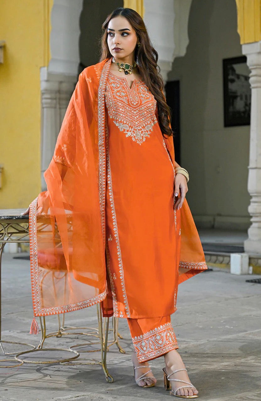 Orange Silk Blend Embroidered Kurta Set