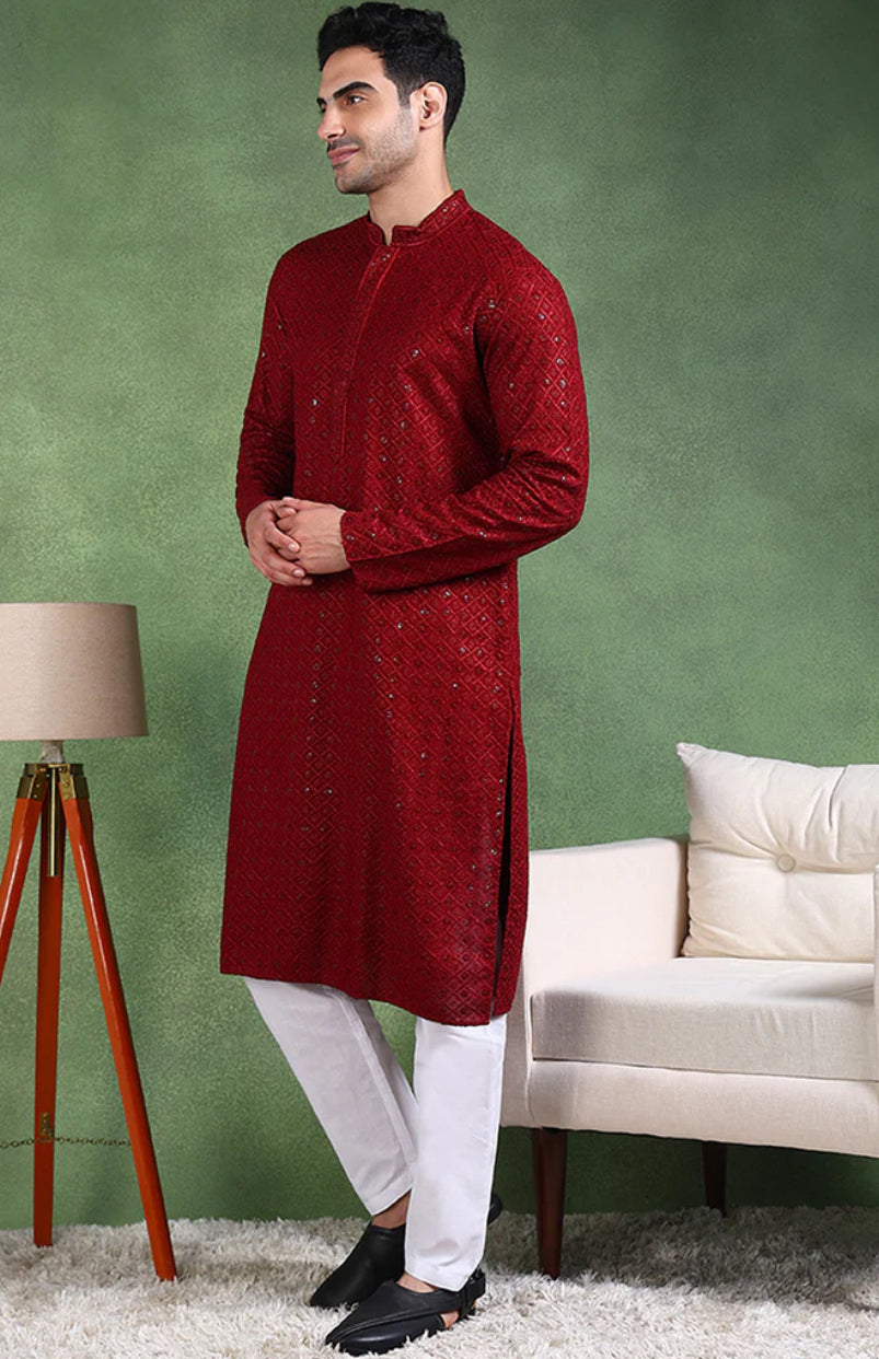 Chikankari Kurta for Men : Maroon