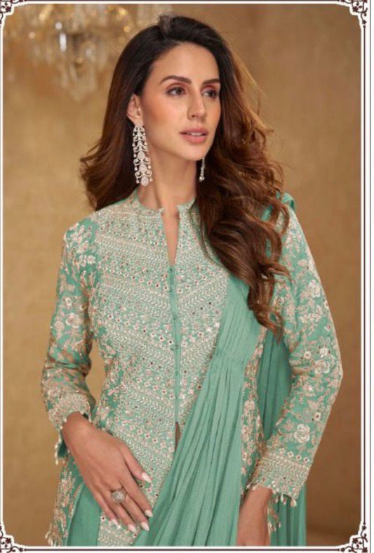 Sea Green Embroidered Top with Skirt : Party Wear