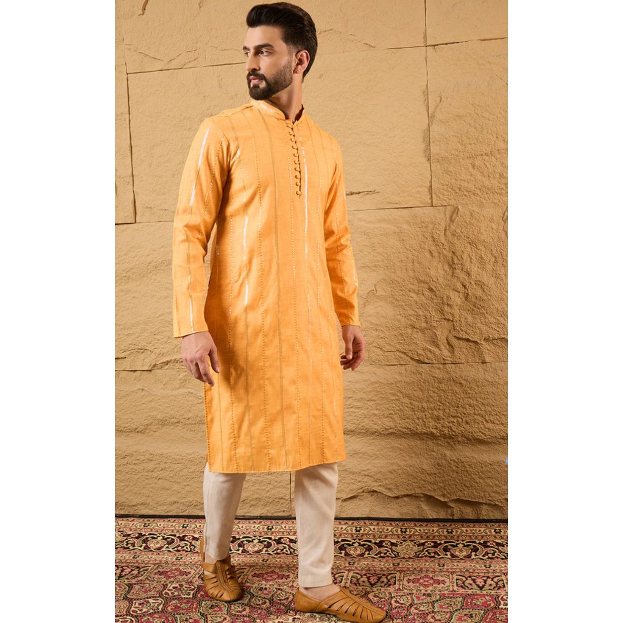 Yellow Cotton Embroidered Straight Kurta