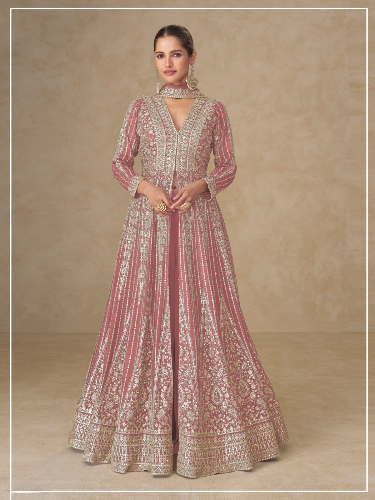 Elegant Chinon Silk Embroidered Anarkali Set with Palazzo & Dupatta