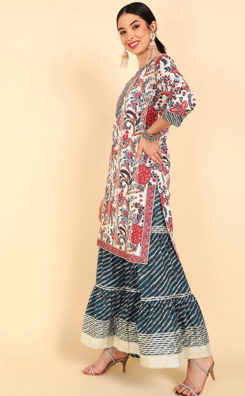 White Floral Printed Cotton Kurta Pant with Dupatta Set