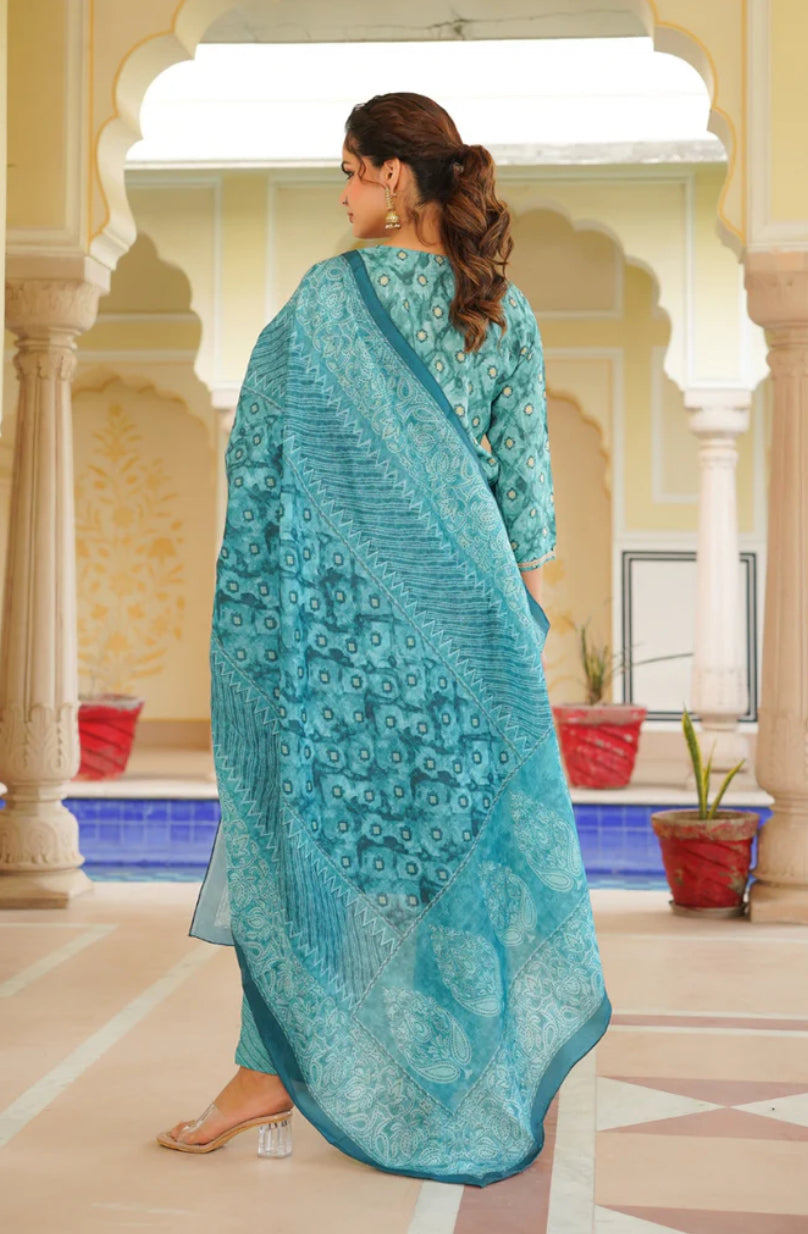 Sea Green Silk Blend Ombre Straight Kurta Trousers With Dupatta 