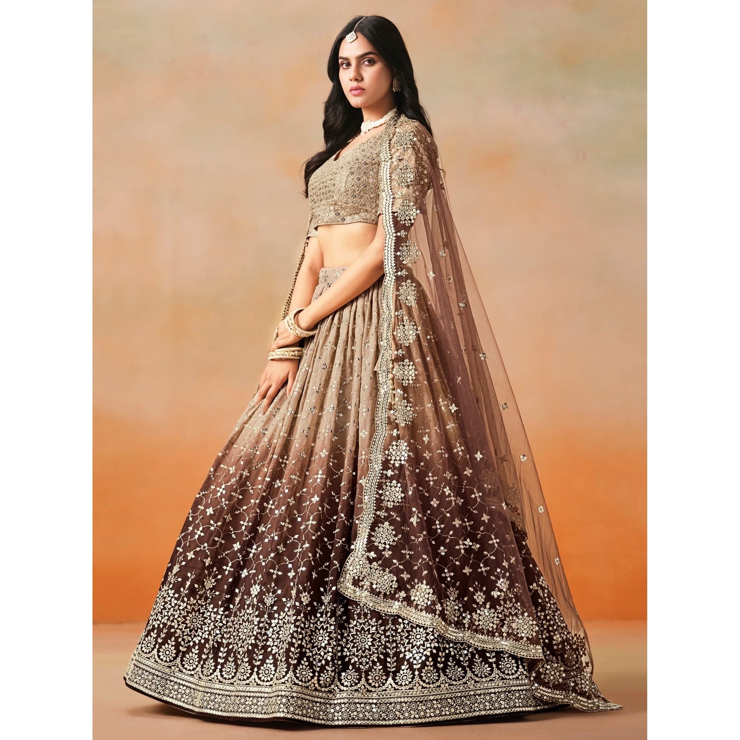 Georgette Sequins Zari Embroidered Lehenga Choli Set (Brown) Pre Order Only