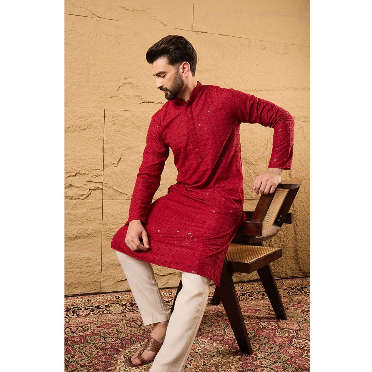 Red Chikankari Straight Kurta