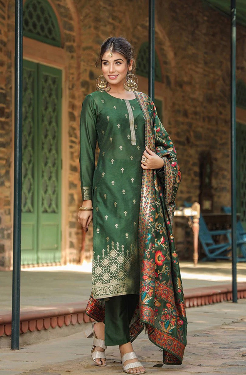 Green Silk Blend Ethnic Motifs Straight Suit Set