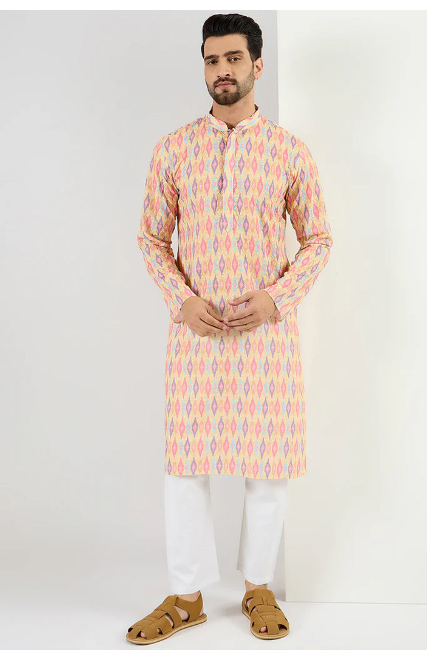 Yellow Abstract Embroidered Chikankari Straight Kurta for Men