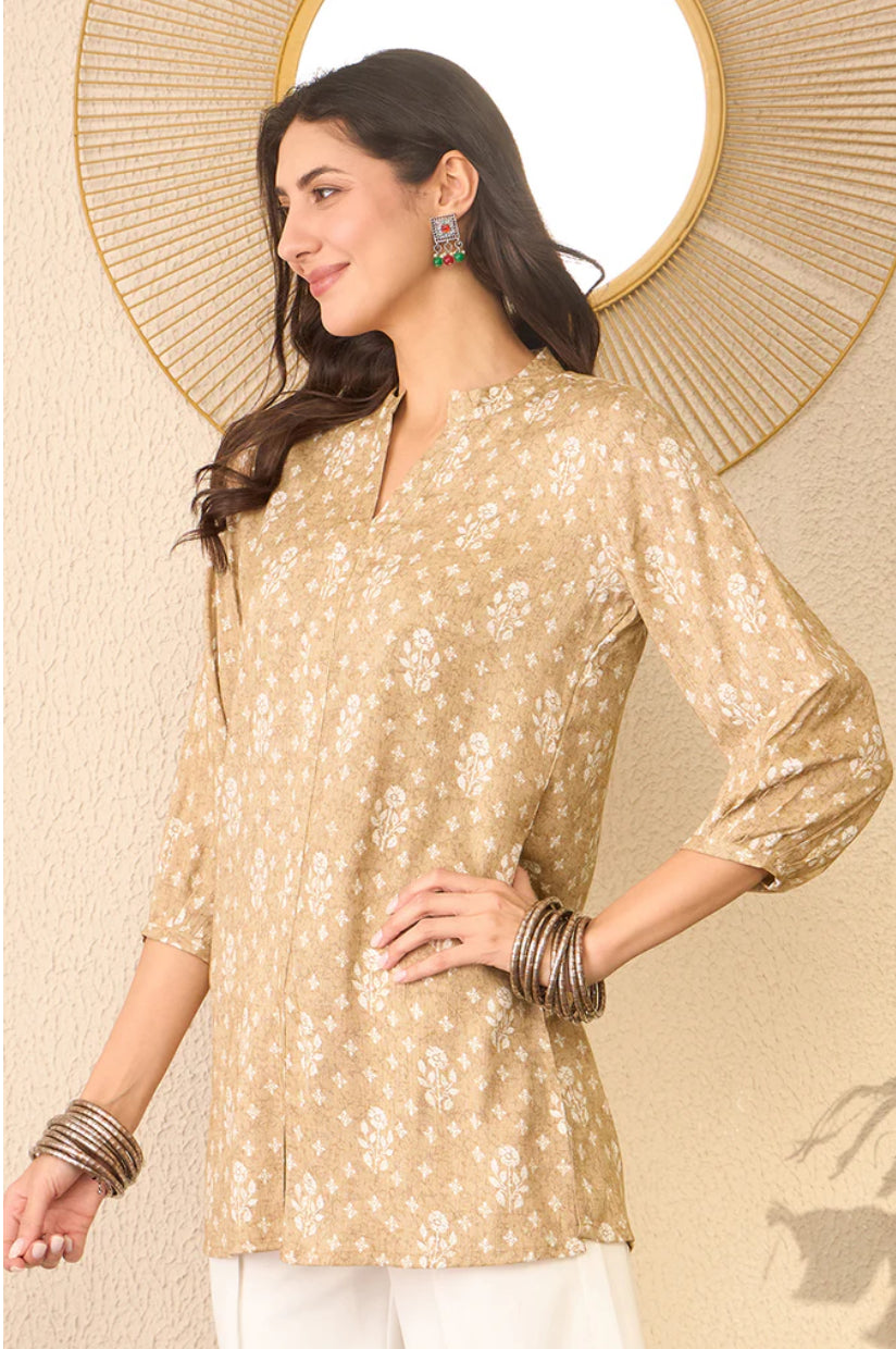 Beige Cotton Blend Floral Printed Regular Top