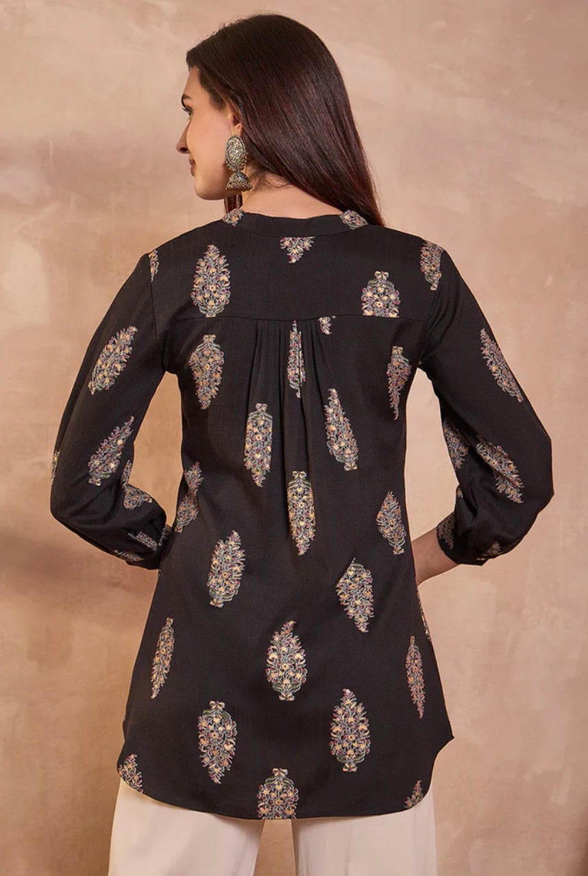 Black Cotton Blend Floral Printed Top