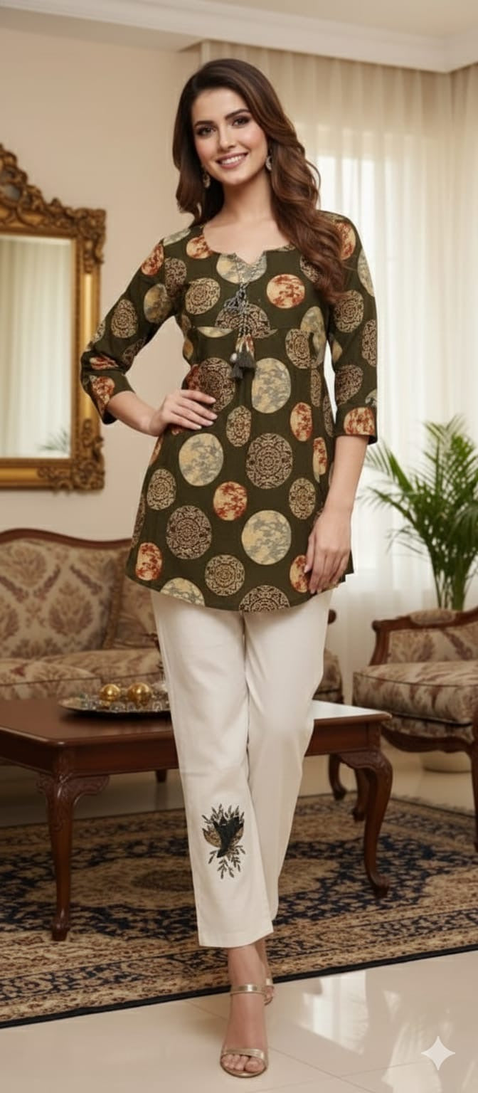 Olive Printed Mal Cotton Kurta with Khadi Cotton Pants (Co-Ord Set)