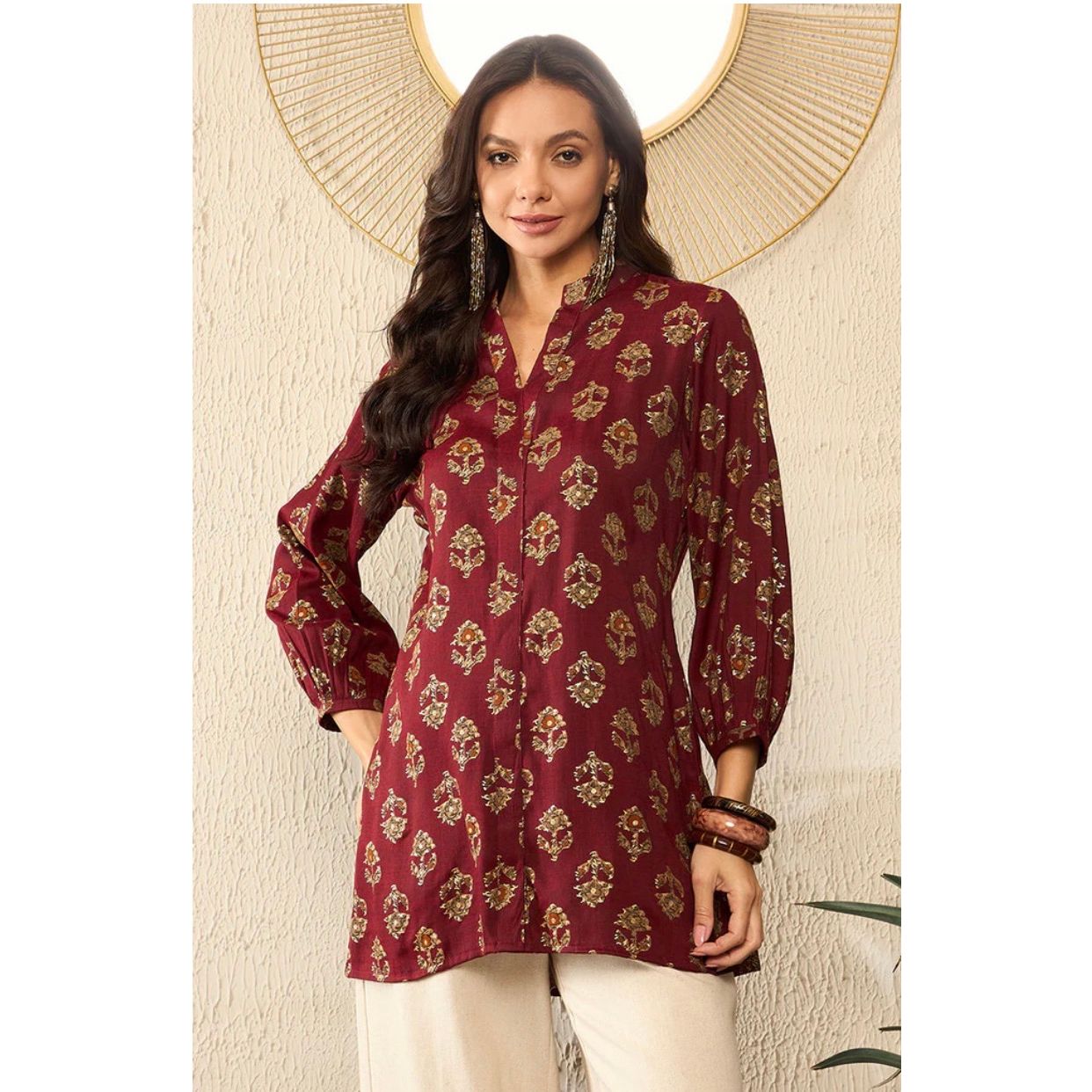Maroon Cotton Blend Floral Printed Regular Top