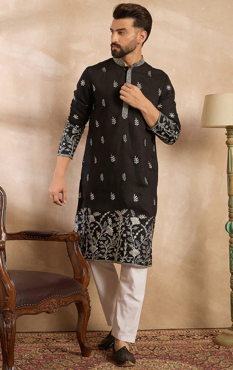 Black Silk Blend Solid Embroidered Straight Kurta With Trouser