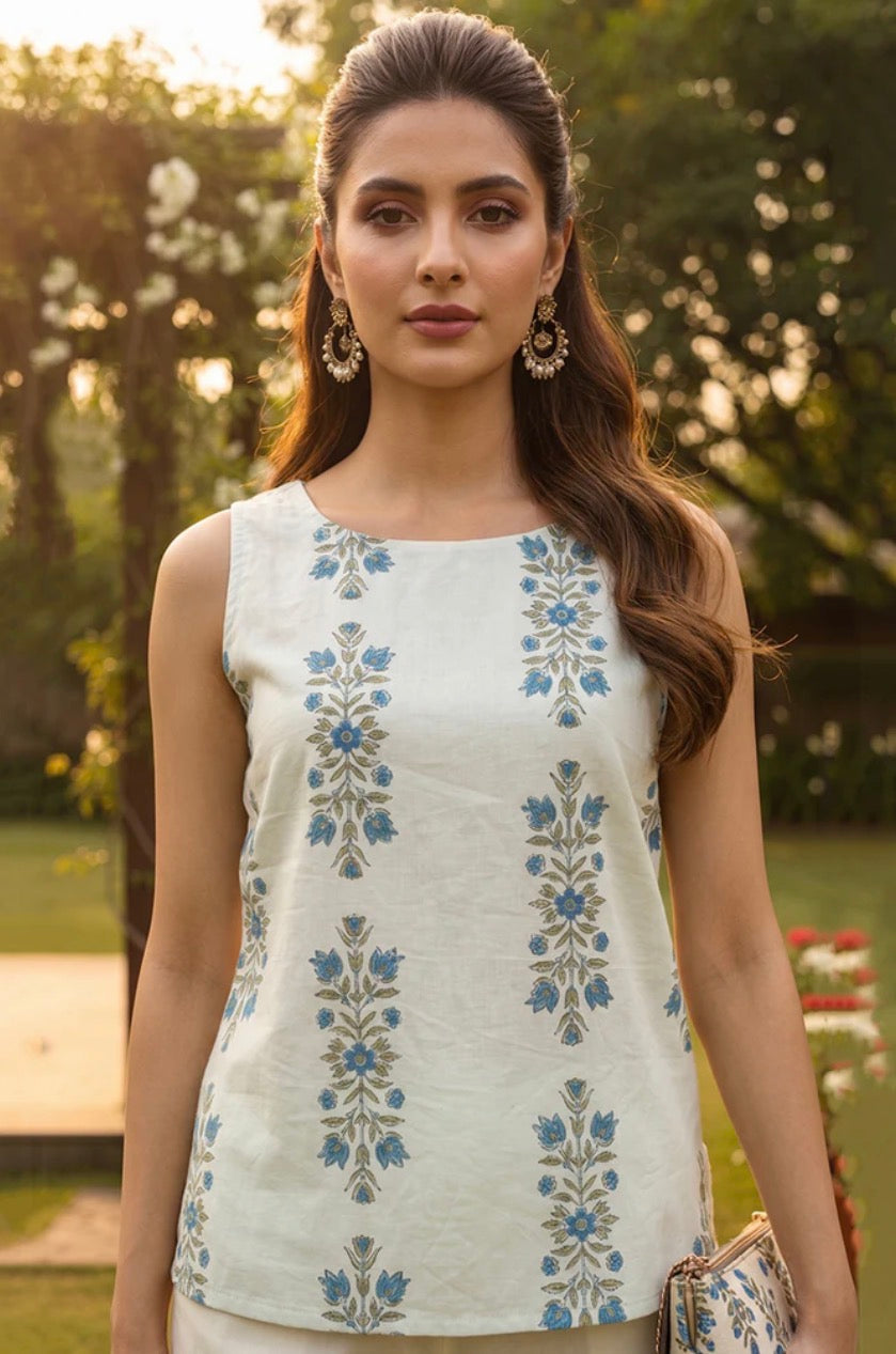 Off White Cotton Floral Printed Top