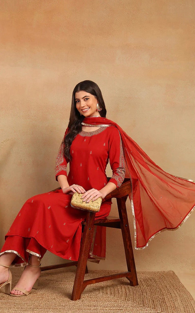 Red Silk Blend Solid Embroidered A-Line Trouser Bottom Suit Set