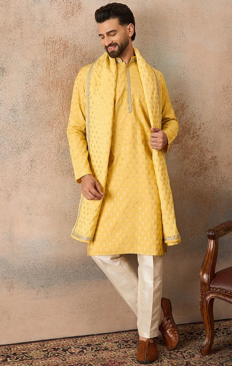 Yellow Jacquard Woven Design Floral Straight Kurta Set