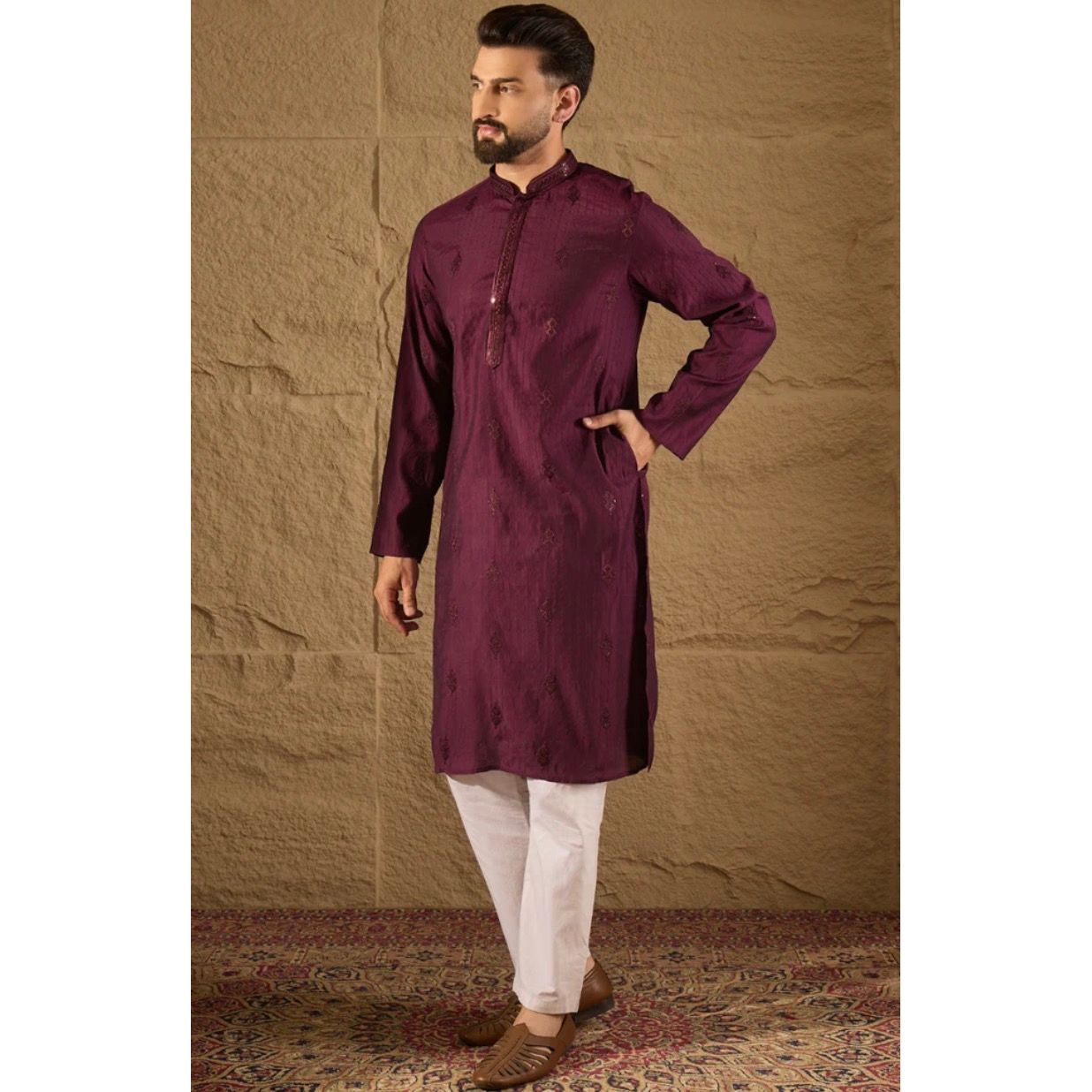 Purple Viscose Rayon Solid Embroidered Straight Kurta