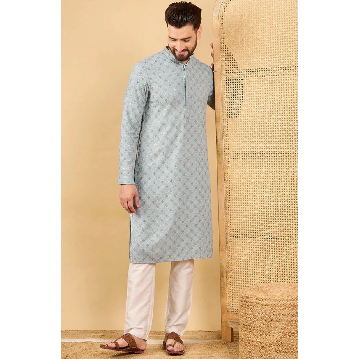 Grey Chikankari Kurta for Men