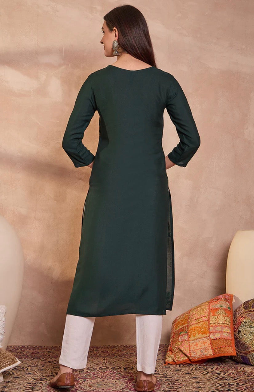 Green Floral Embroidered Viscose Rayon Kurti