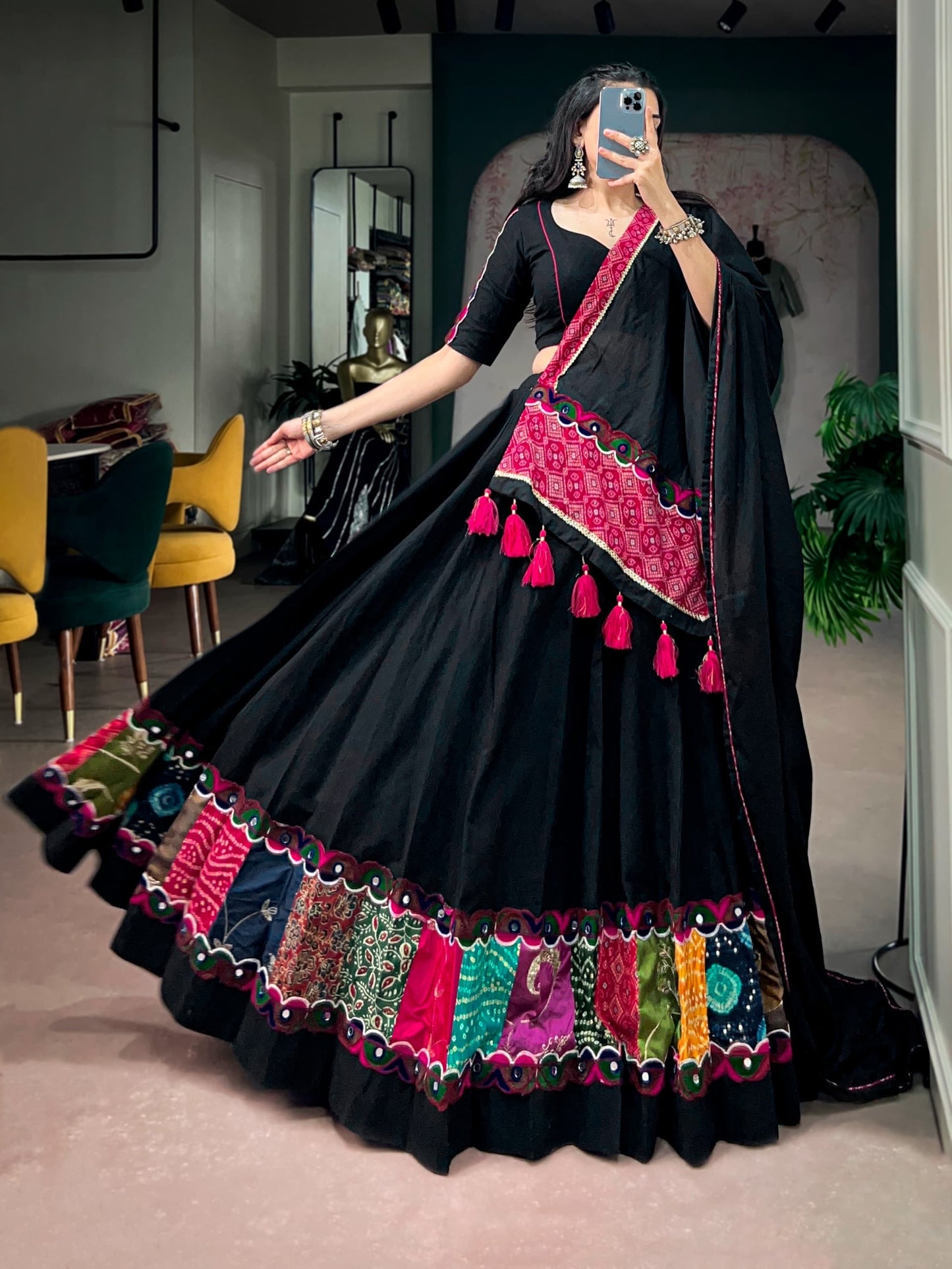 Navaratri Lehenga : Black Khadi Cotton