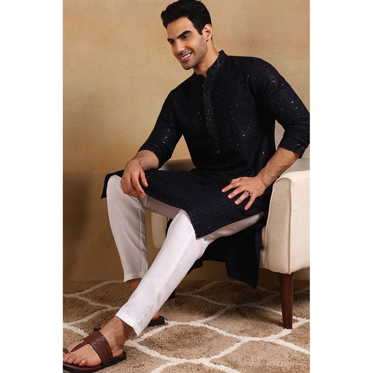 Navy Blue Viscose Rayon Solid Embroidered Straight Kurta For Men
