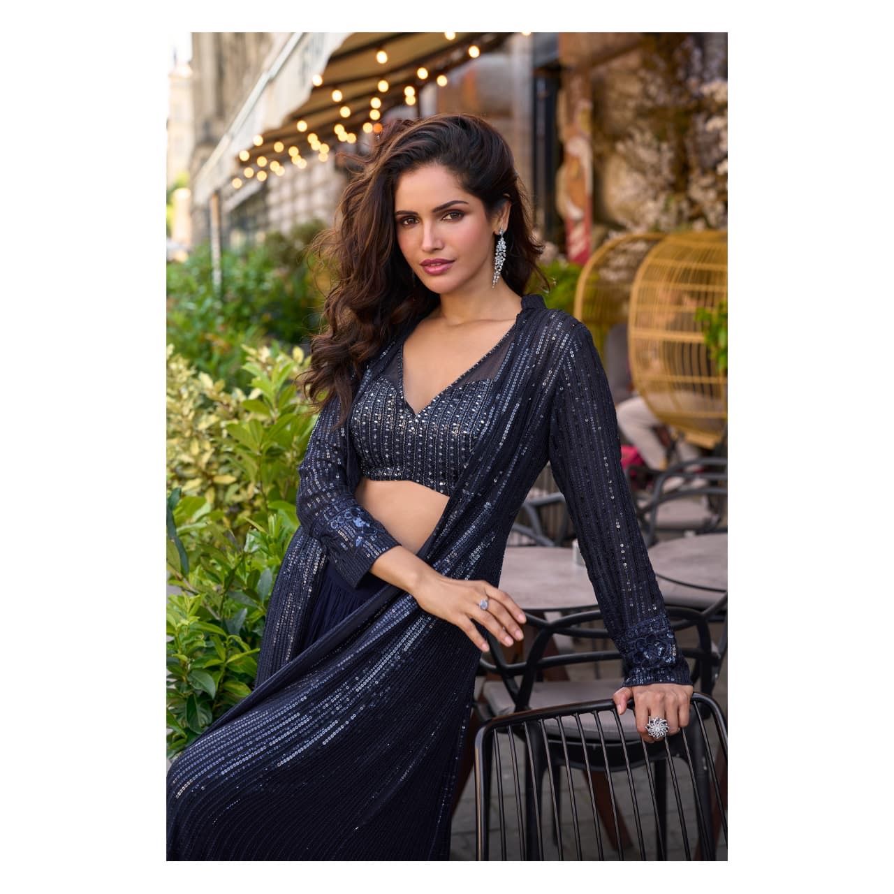Heavy Georgette Embroidered Shrug Set with Sequin Work: Pre Order